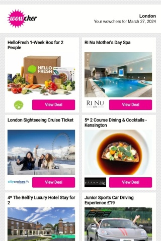 HelloFresh 1-Week Box for 2 People | Ri Nu Spa Day | London Sightseeing Cruise Ticket | 5* 2 Course Dining & Cocktails - Kensington | 4* The Belfry Luxury Hotel Stay for 2